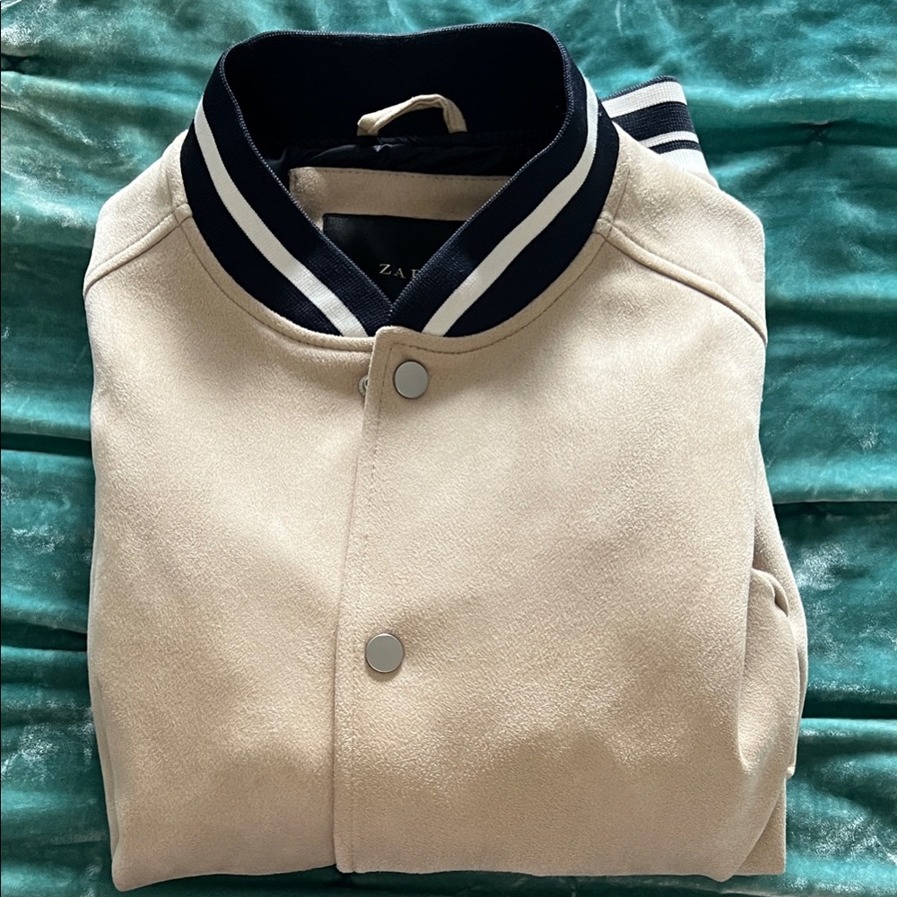 Zara Men's Cream Bomber Jacket with Black Striped Collar